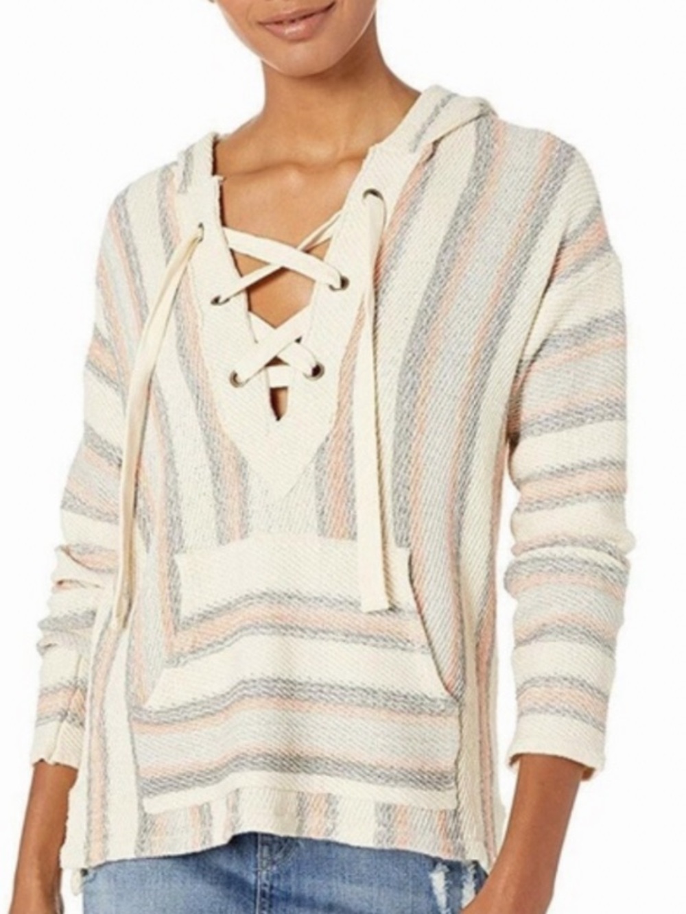Rip Curl Striped Lace-Up Hooded Knit Pullover Baja Sweater